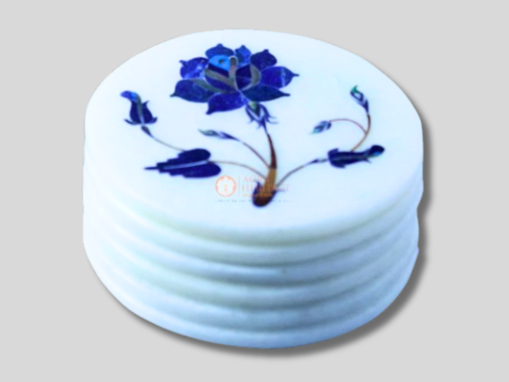 White Marble Coaster Set Lapis Lazuli Floral Inlay Art